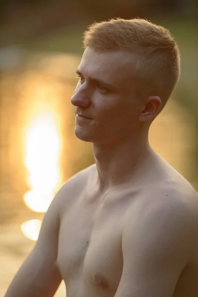 Portrait Young Man Blond Hair Shirtless Park Outdoors — Stock Photo, Image