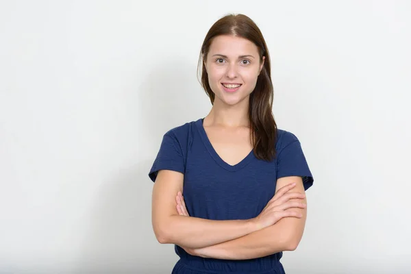 Studioaufnahme Einer Jungen Schönen Frau Vor Weißem Hintergrund — Stockfoto