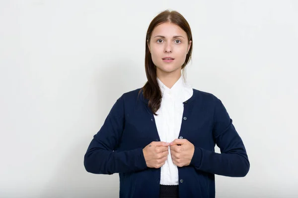 Studioaufnahme Einer Jungen Schönen Geschäftsfrau Vor Weißem Hintergrund — Stockfoto