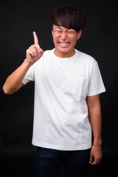 Studio Shot Young Handsome Asian Man Black Background — Stock Photo, Image
