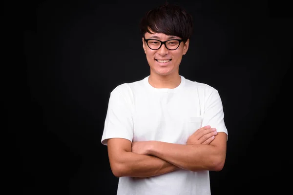 Studio Shot Young Handsome Asian Man Black Background — Stock Photo, Image