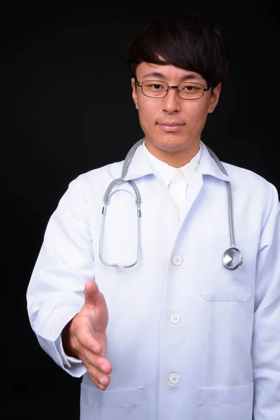 Studio Shot Young Handsome Asian Man Doctor Black Background — Stock Fotó