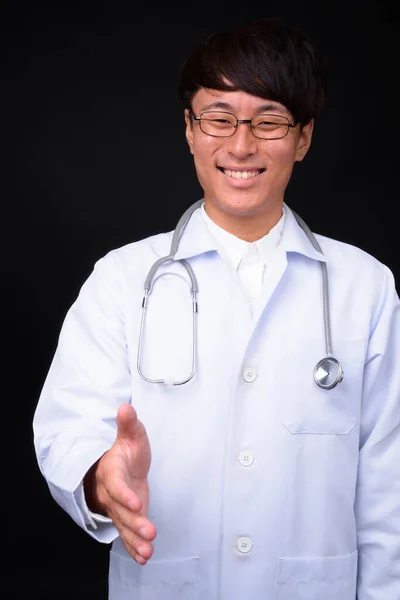 Studio Shot Young Handsome Asian Man Doctor Black Background — Foto Stock