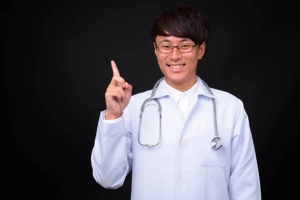 Studio Shot Young Handsome Asian Man Doctor Black Background — 图库照片