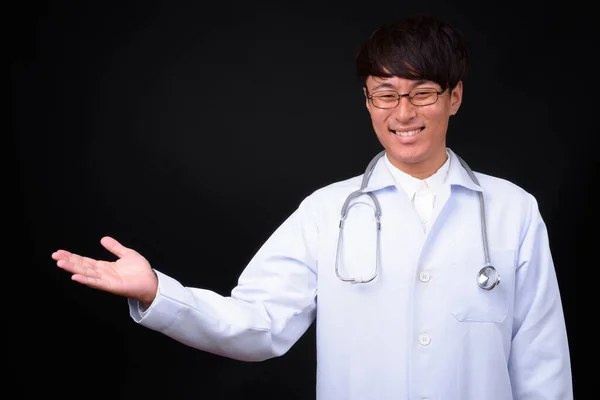 Studio Shot Young Handsome Asian Man Doctor Black Background — Stock Photo, Image