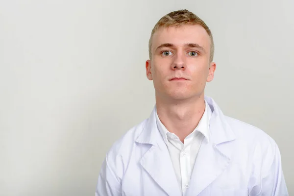 Studio Shot Young Man Doctor Blond Hair White Background — Stock Photo, Image