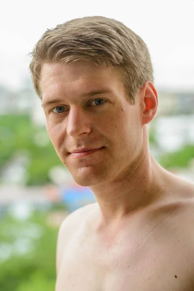 Portrait Young Handsome Scandinavian Man Blond Hair Shirtless Balcony View — Stock Photo, Image