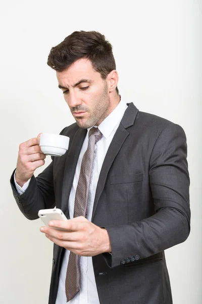 Studio Shot Handsome Hispanic Businessman Suit White Background — Stock Photo, Image