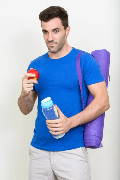 Estúdio Tiro Homem Hispânico Bonito Pronto Para Ginásio Contra Fundo — Fotografia de Stock