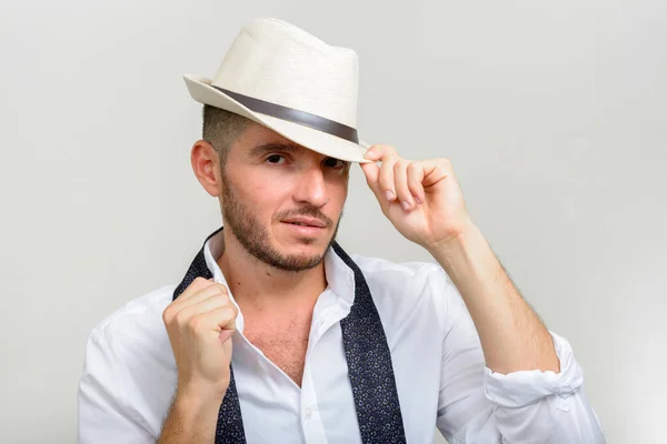 Studio Shot Handsome Bearded Hispanic Businessman Wearing Hat White Background — Stock Photo, Image