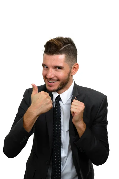 Estudio Guapo Hombre Negocios Hispano Barbudo Usando Traje Sobre Fondo — Foto de Stock