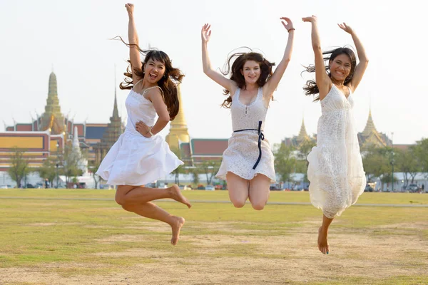 Portrait Three Multi Ethnic Young Beautiful Women Friends Together Park — Stock Photo, Image