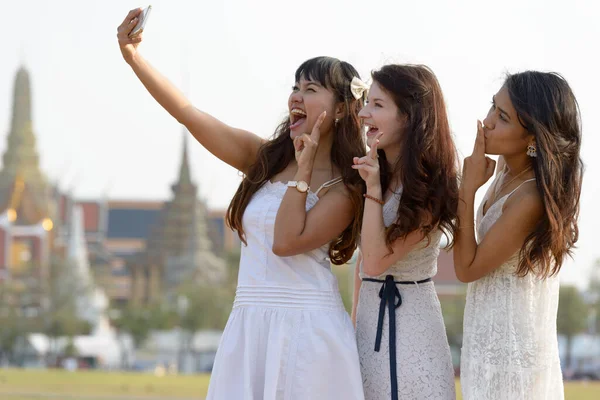 Portrait Three Multi Ethnic Young Beautiful Women Friends Together Park — Fotografia de Stock