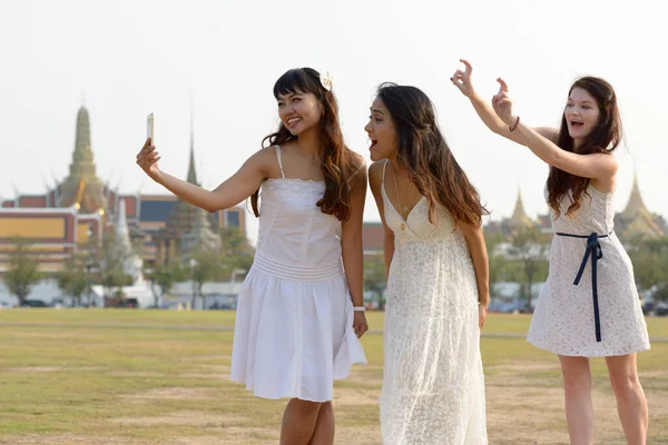 Portrait Three Multi Ethnic Young Beautiful Women Friends Together Park — Stock Photo, Image