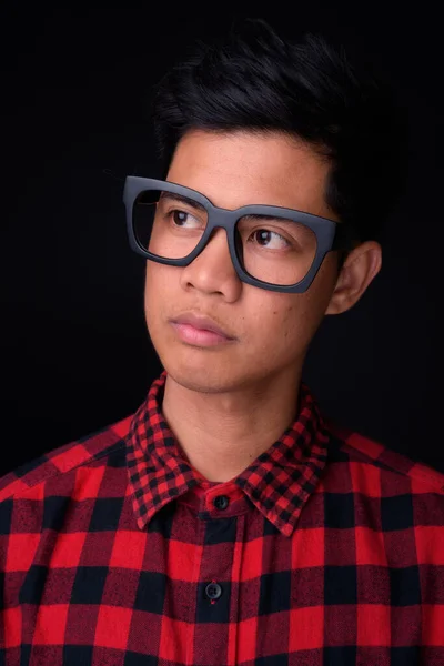 Studio Shot Young Handsome Filipino Hipster Man Eyeglasses Black Background — Stock Photo, Image