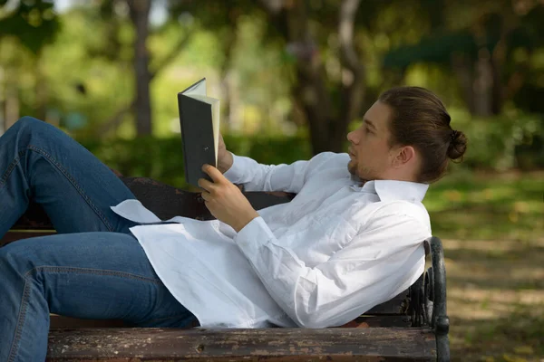 Portrait Handsome Bearded Businessman Long Hair Relaxing Park Outdoors — Stock Photo, Image