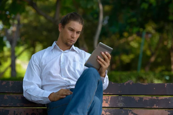 Portrait Handsome Bearded Businessman Long Hair Relaxing Park Outdoors — Stock Photo, Image