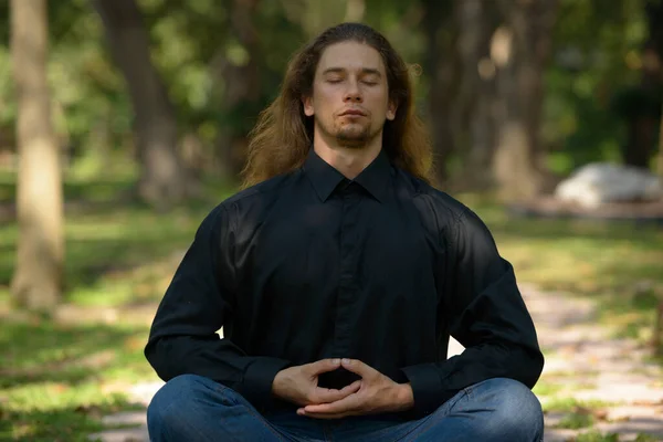 Portrait Handsome Bearded Businessman Long Hair Relaxing Park Outdoors — Stock Photo, Image