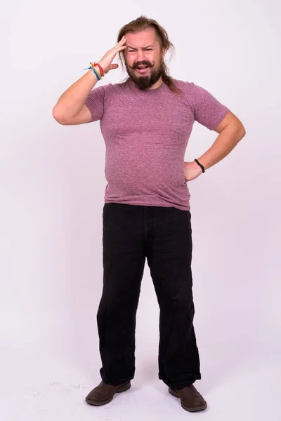 Портрет Бородатого Человека Избыточным Весом Усами Длинными Волосами — стоковое фото