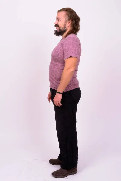 Retrato Homem Barbudo Com Excesso Peso Com Bigode Cabelos Longos — Fotografia de Stock