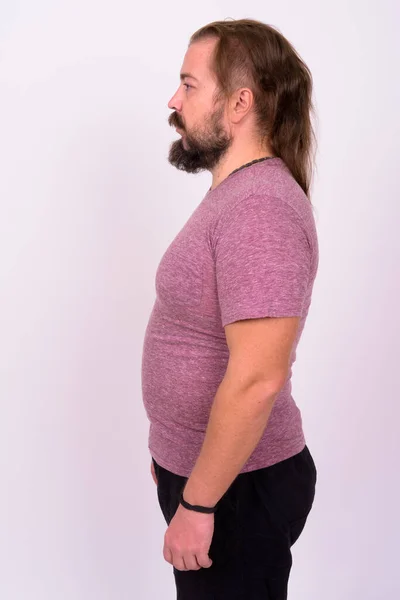 Retrato Homem Barbudo Com Excesso Peso Com Bigode Cabelos Longos — Fotografia de Stock