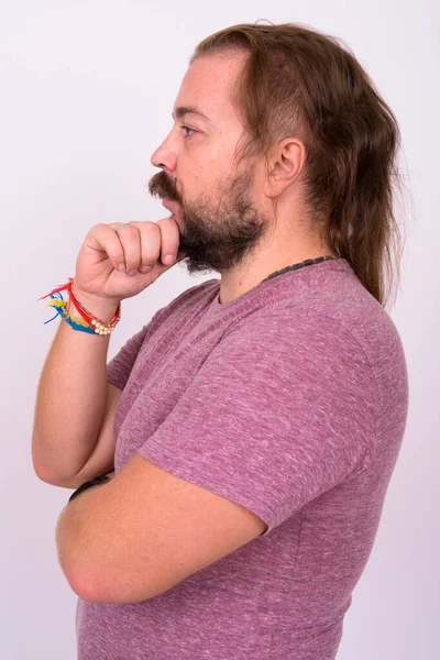 Retrato Hombre Barbudo Con Sobrepeso Con Bigote Cabello Largo — Foto de Stock