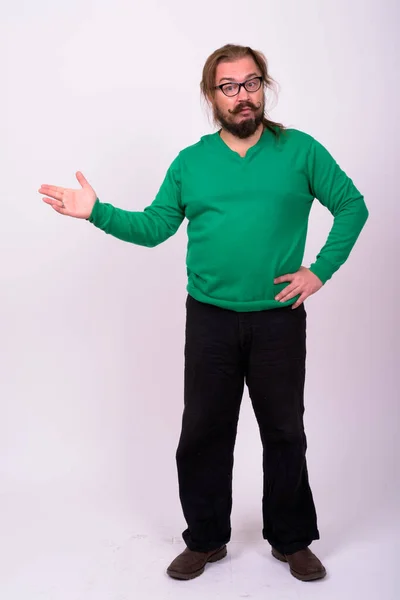 Retrato Hombre Barbudo Con Sobrepeso Con Bigote Cabello Largo — Foto de Stock