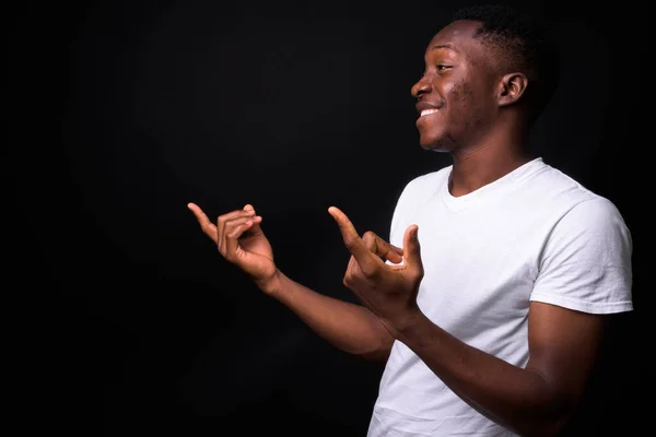 Studio Shot Young Handsome African Man Afro Hair Black Background — Stock Photo, Image