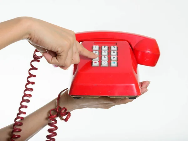 Studio Shot Hand Holding Dialing Old Telephone White Background — Stockfoto