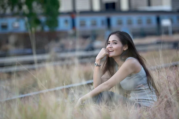 Portrait Young Beautiful Asian Woman Railway Station — Stock Photo, Image