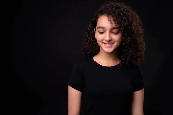 Studio Shot Young Beautiful Iranian Teenage Girl Curly Hair Black — Stock Photo, Image