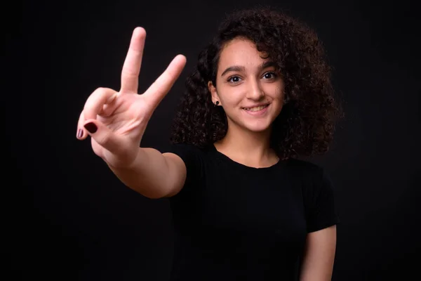 Studio Shot Young Beautiful Iranian Teenage Girl Curly Hair Black — Stock Photo, Image