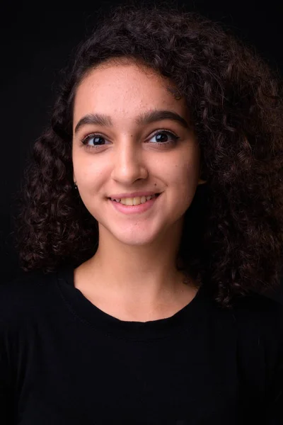 Studio Shot Young Beautiful Iranian Teenage Girl Curly Hair Black — Stock Photo, Image