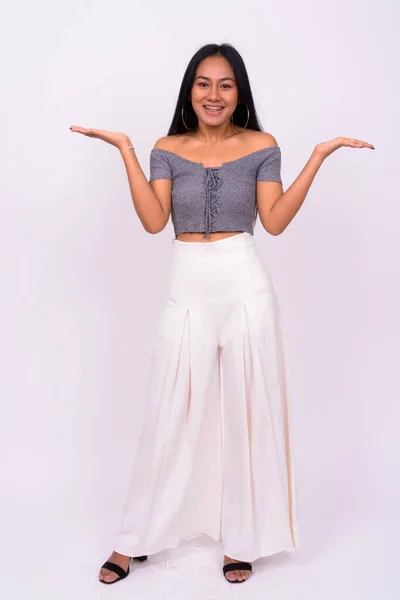 Studio Shot Young Beautiful Asian Woman Lilac Background — Stock Photo, Image