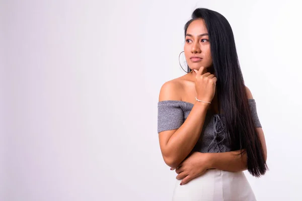 Studio Shot Young Beautiful Asian Woman Lilac Background — Stock Photo, Image