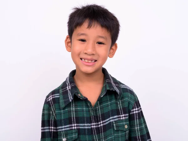 Estudio Disparo Lindo Chico Asiático Con Camisa Cuadros Verde Sobre — Foto de Stock