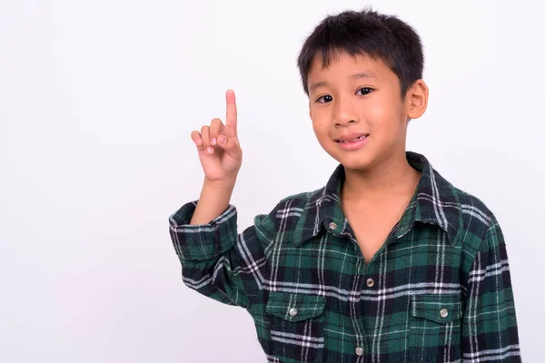 Studio Záběr Roztomilý Asijské Chlapec Sobě Zelené Kostkované Tričko Proti — Stock fotografie