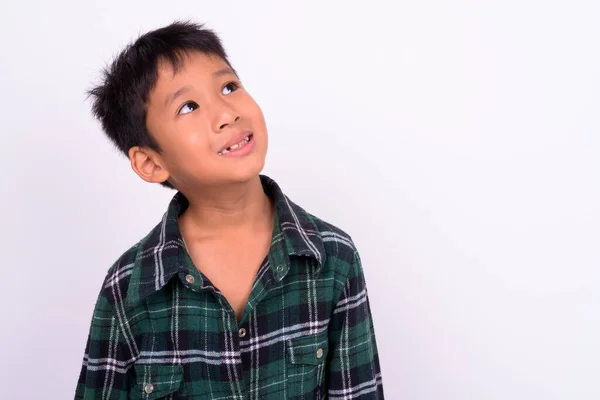 Estúdio Tiro Bonito Asiático Menino Vestindo Verde Xadrez Camisa Contra — Fotografia de Stock