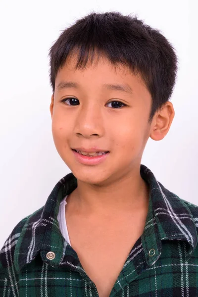 Estudio Disparo Lindo Chico Asiático Con Camisa Cuadros Verde Sobre —  Fotos de Stock