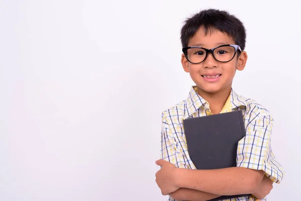 Studio Shot Cute Asian Boy Wearing Checkered Shirt Eyeglasses White Royalty Free Stock Images
