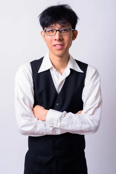 Młody Przystojny Azjatycki Biznes Biznesmen Białym Tle Strzał Studio — Zdjęcie stockowe
