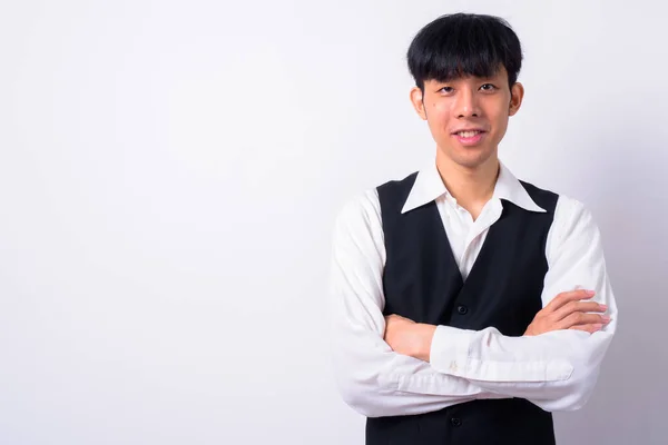 Młody Przystojny Azjatycki Biznes Biznesmen Białym Tle Strzał Studio — Zdjęcie stockowe