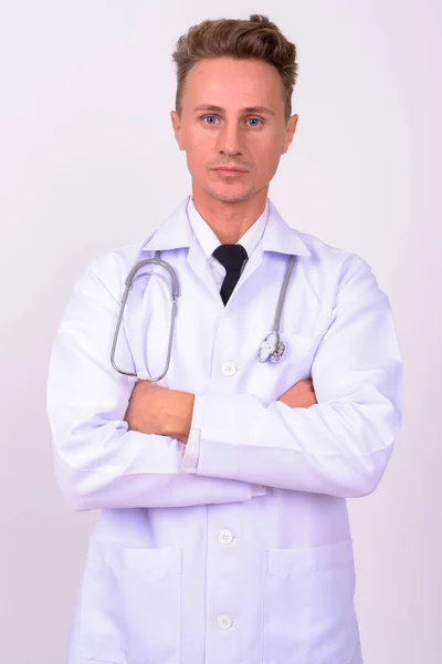 Studio Strzał Przystojny Mężczyzna Lekarz Blond Kręcone Włosy Białym Tle — Zdjęcie stockowe
