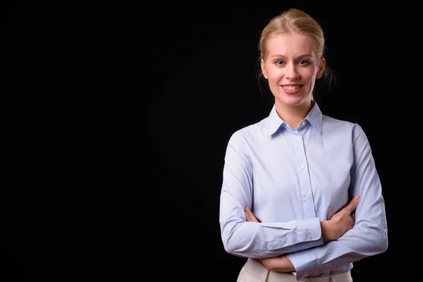 Studio Colpo Bella Donna Affari Con Capelli Biondi Contro Sfondo — Foto Stock