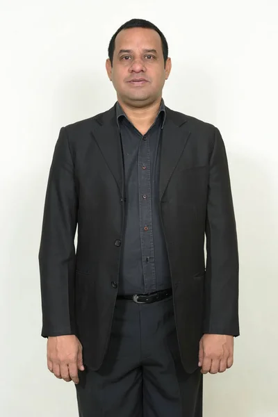 Studio Shot Overweight Indian Businessman Short Hair Suit White Background — Stock Photo, Image
