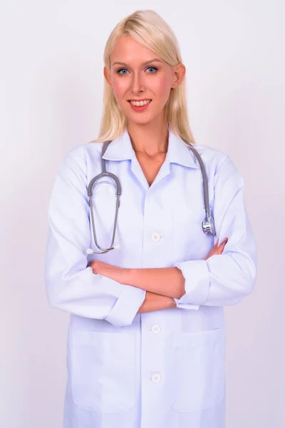 Studio Shot Young Beautiful Blonde Woman Doctor White Background — Stock Photo, Image