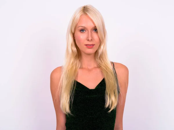 Studio Photo Jeune Belle Femme Blonde Comme Modèle Mode Sur — Photo