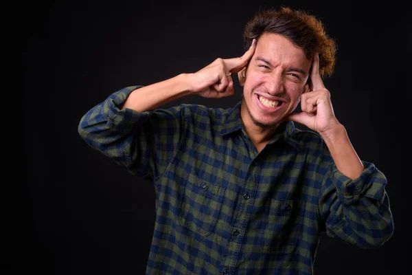 Estúdio Tiro Jovem Asiático Hipster Homem Com Cabelo Encaracolado Acne — Fotografia de Stock