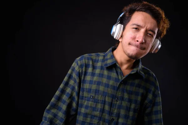 Studio Shot Young Asian Hipster Man Curly Hair Acne Black — Stock Photo, Image