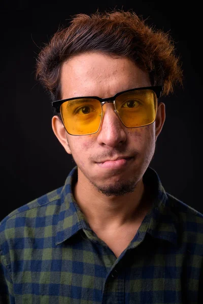 Studio Shot Young Asian Hipster Man Curly Hair Acne Black — Stock Photo, Image